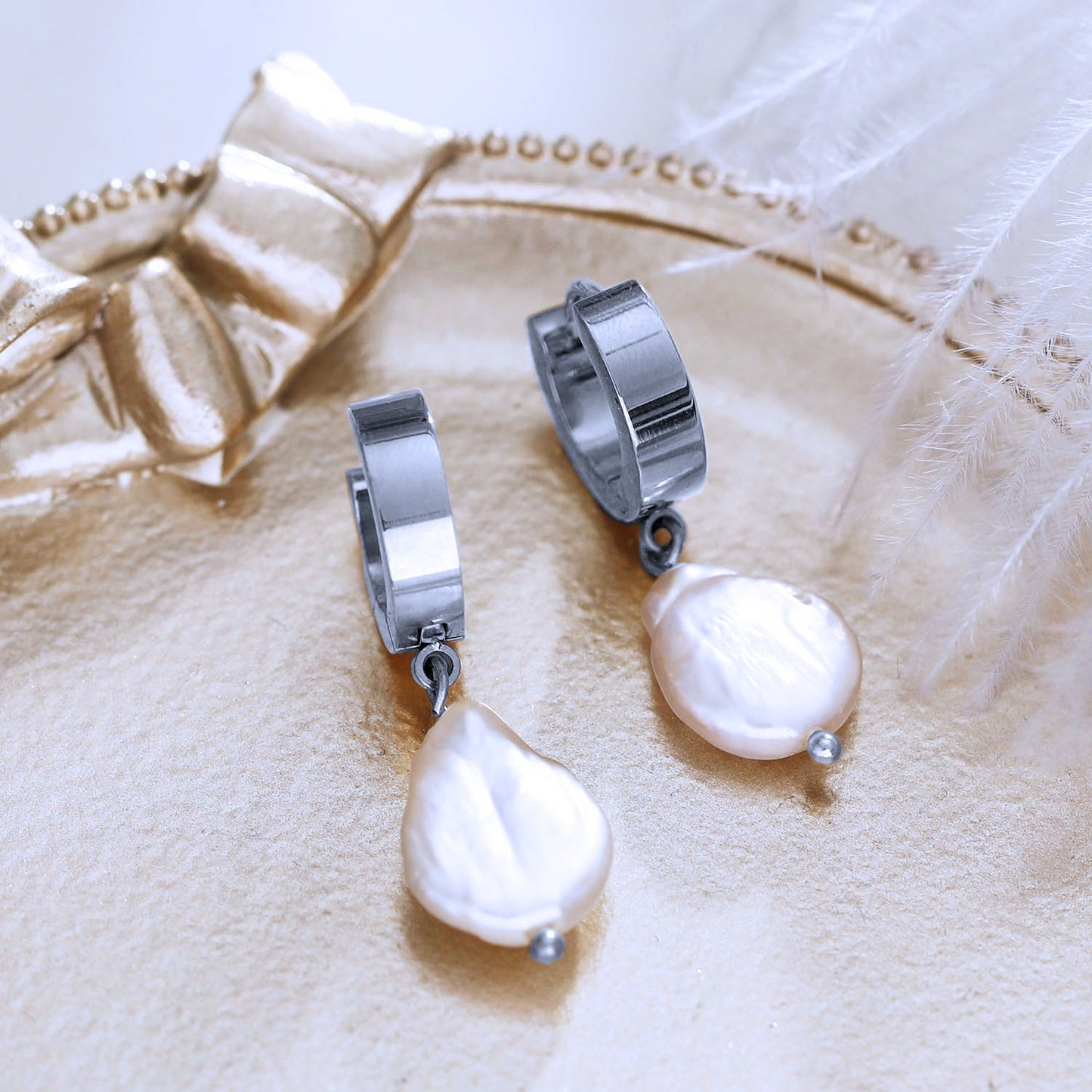 GAIA White Gold (Silver Toned):  Baroque Freshwater Pearls on Wide Mini Hoops