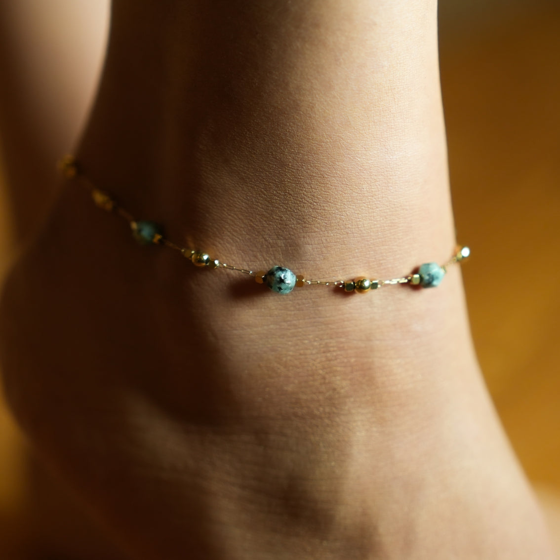 Link-Chain, Gold Beads & Turquoise Natural Stones Anklet