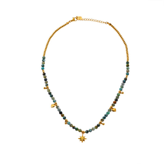 GITANJI: Blue Turquoise Stones with Gold Beads & Charms Chain Necklace