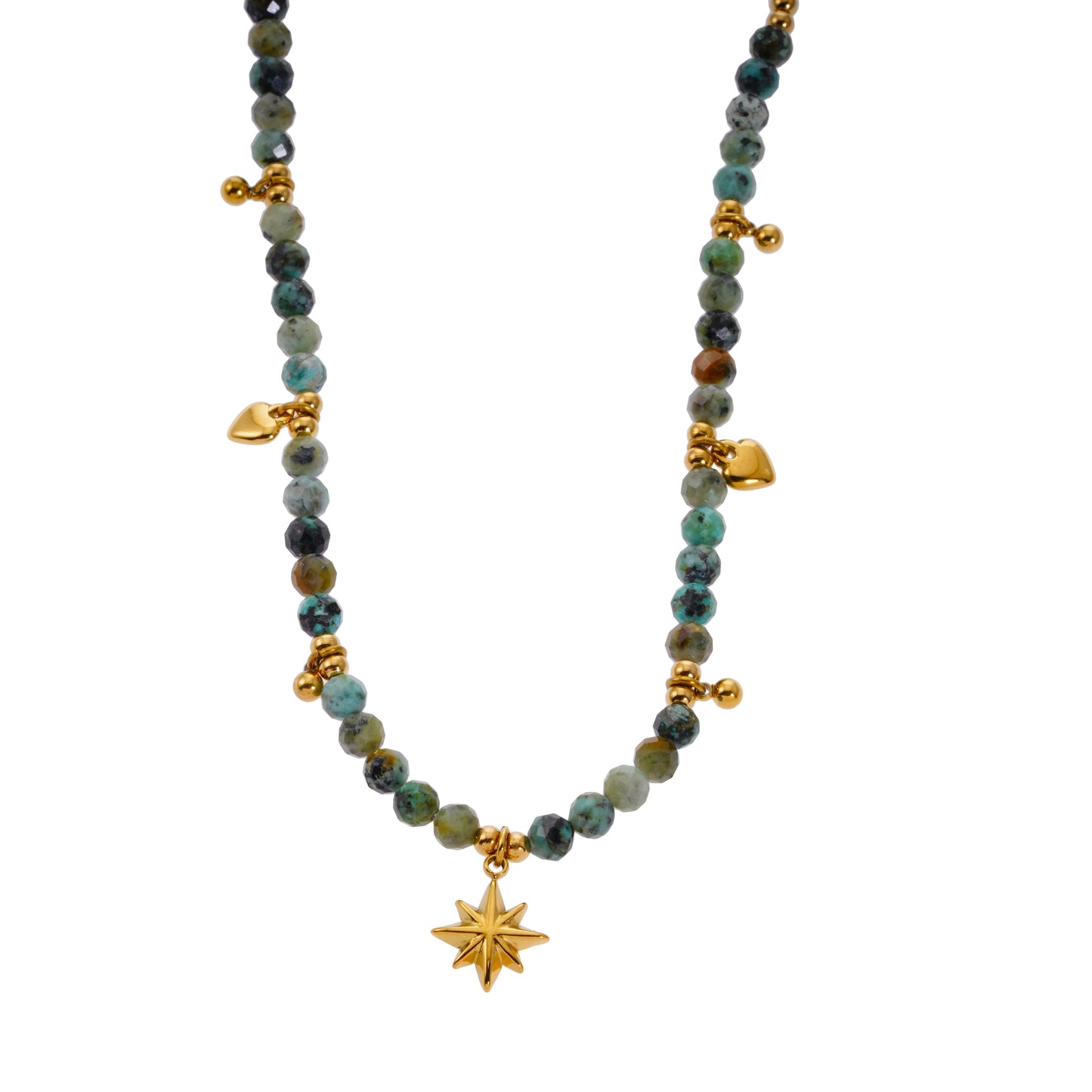 GITANJI: Blue Turquoise Stones with Gold Beads & Charms Chain Necklace