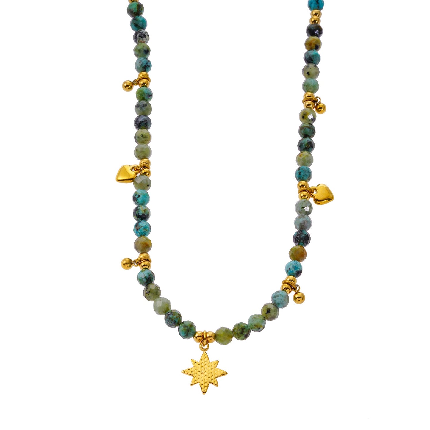 GITANJI: Blue Turquoise Stones with Gold Beads & Charms Chain Necklace