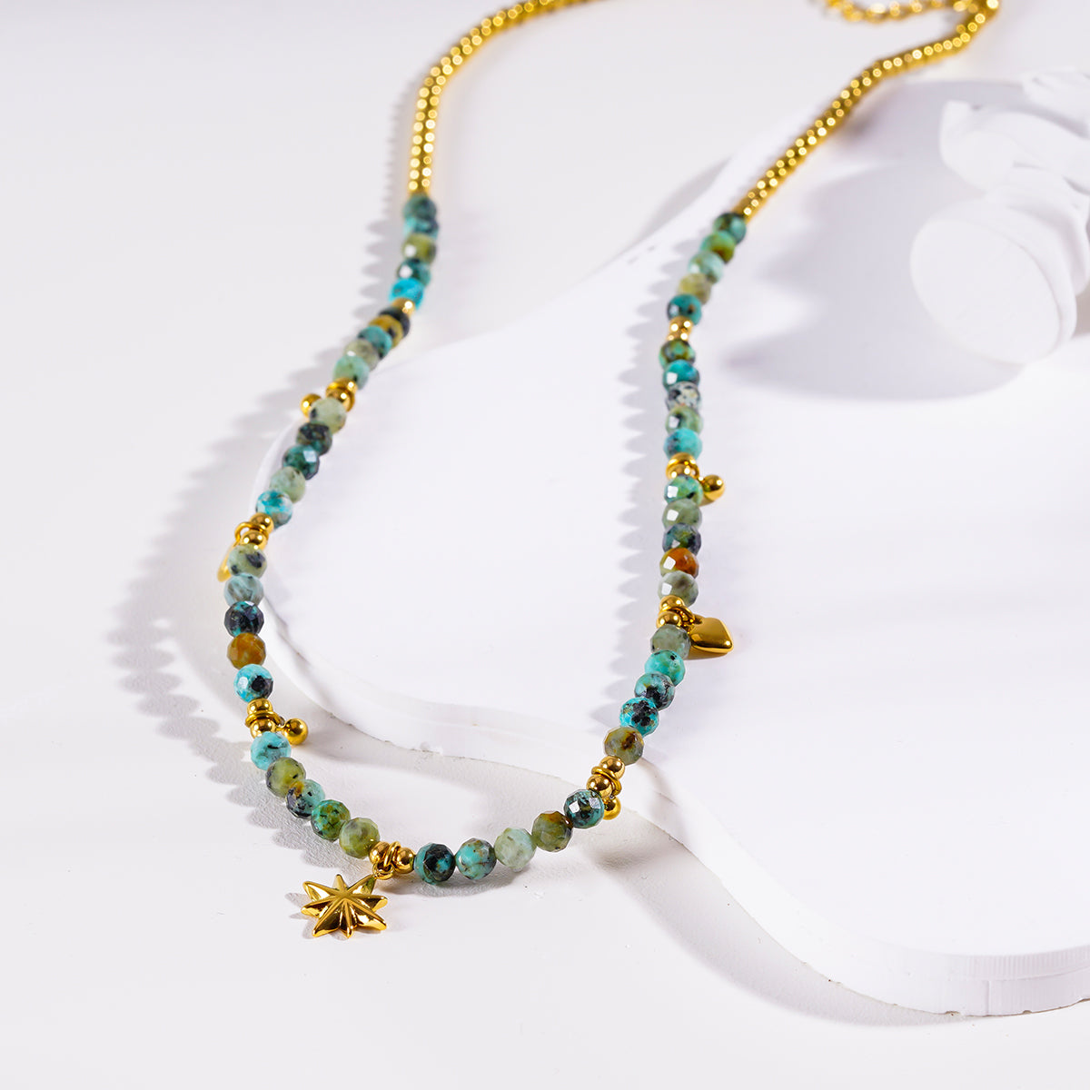GITANJI: Blue Turquoise Stones with Gold Beads & Charms Chain Necklace