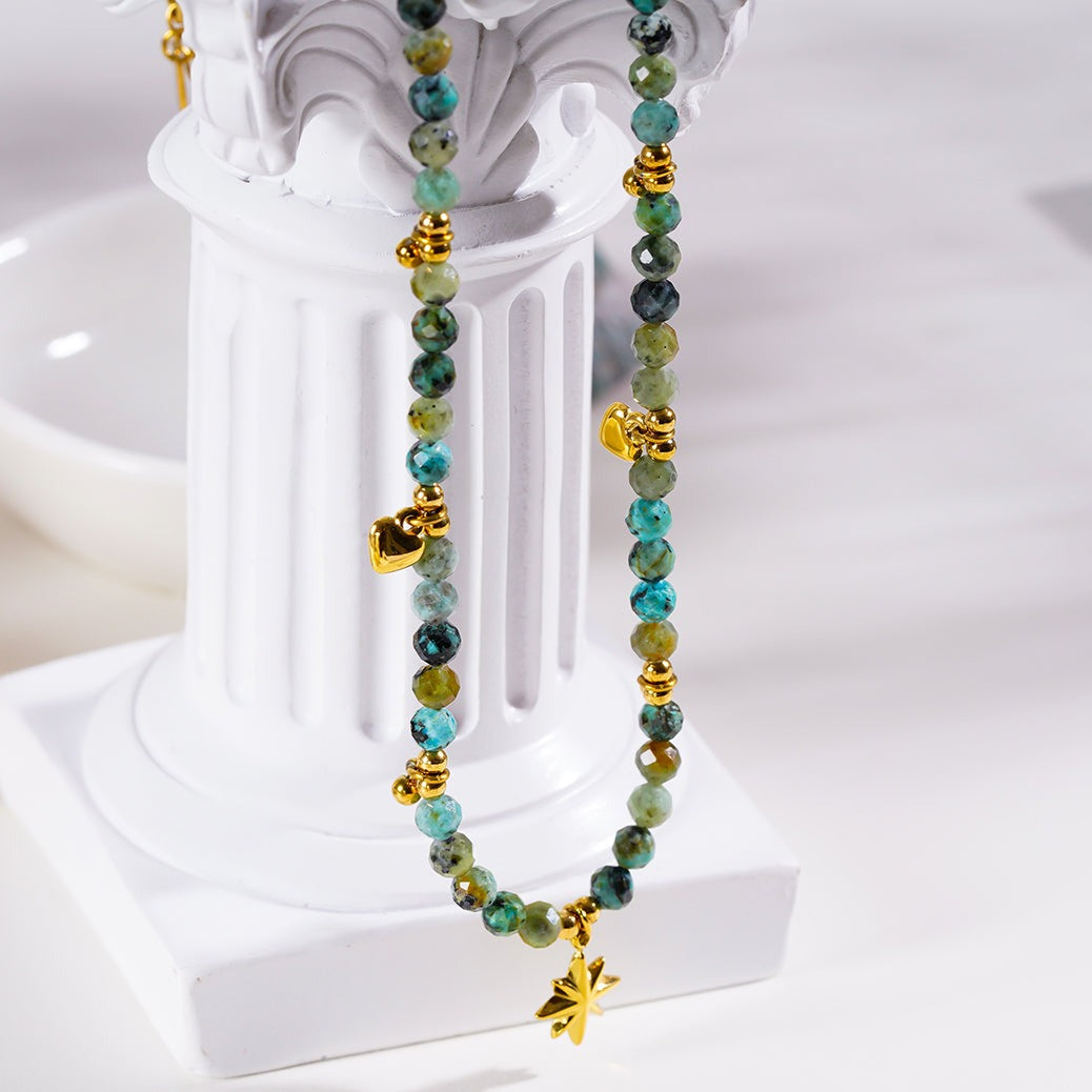 GITANJI: Blue Turquoise Stones with Gold Beads & Charms Chain Necklace