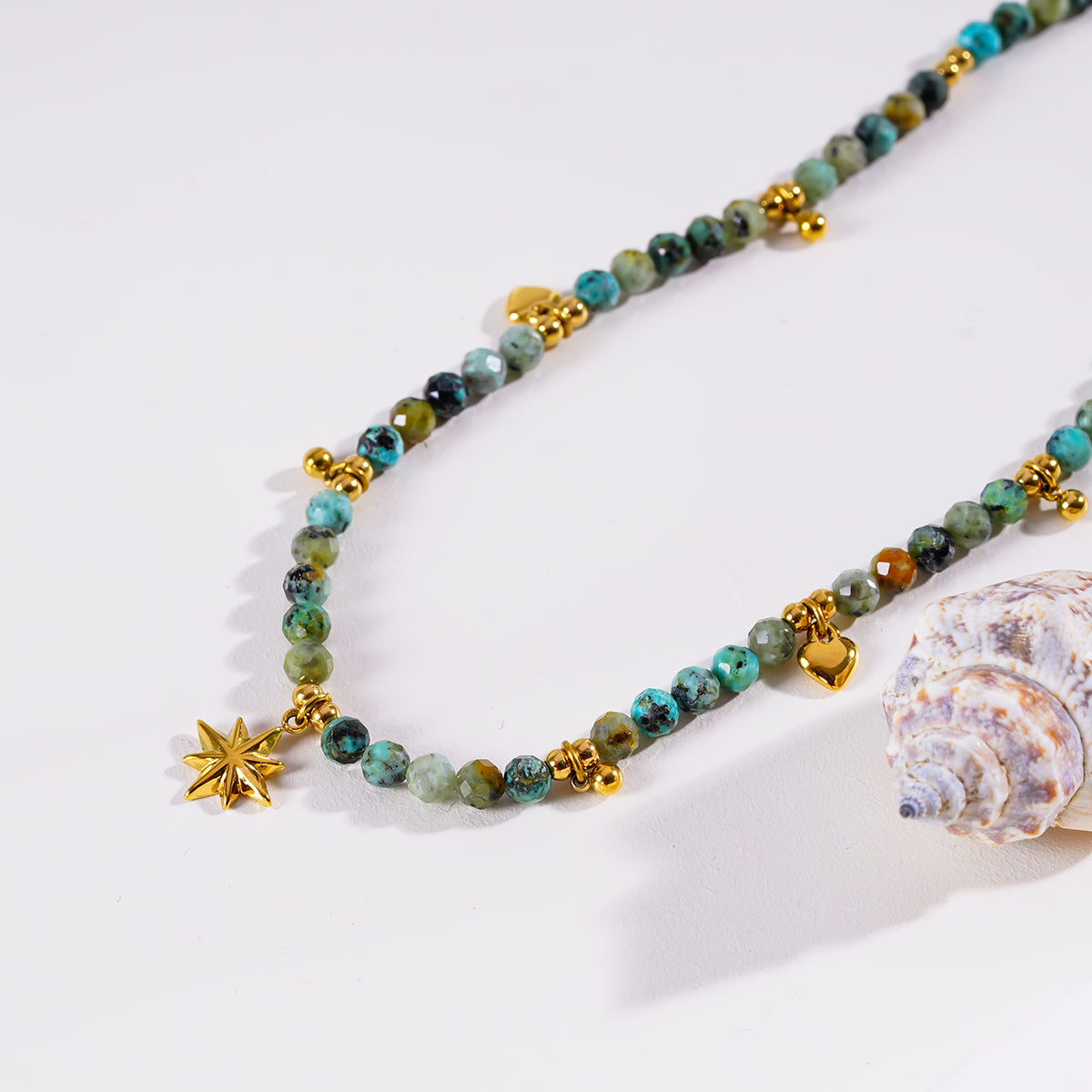 GITANJI: Blue Turquoise Stones with Gold Beads & Charms Chain Necklace
