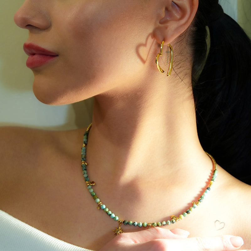 GITANJI: Blue Turquoise Stones with Gold Beads & Charms Chain Necklace