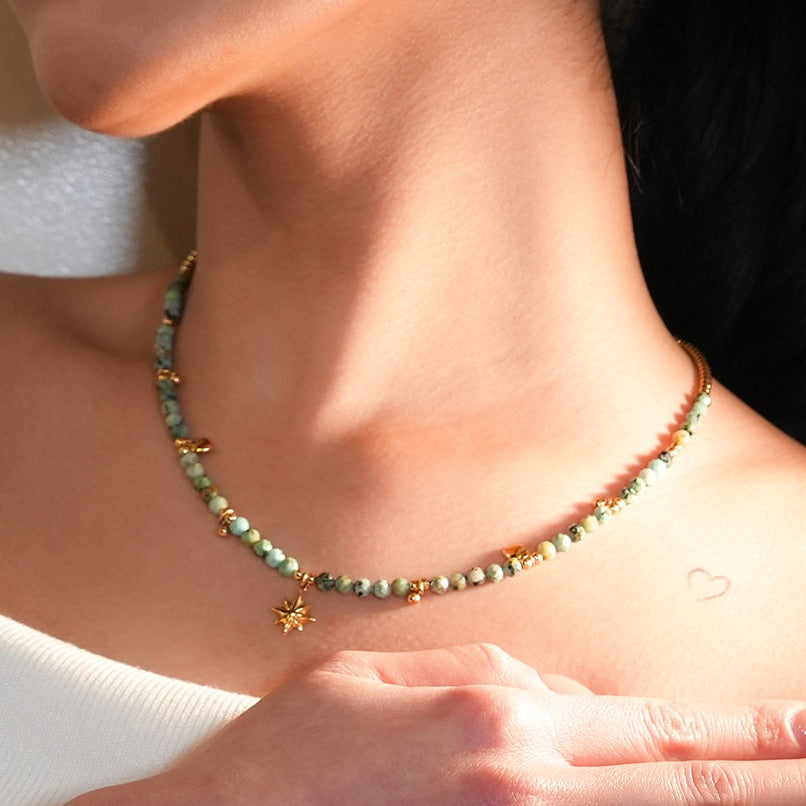 GITANJI: Blue Turquoise Stones with Gold Beads & Charms Chain Necklace