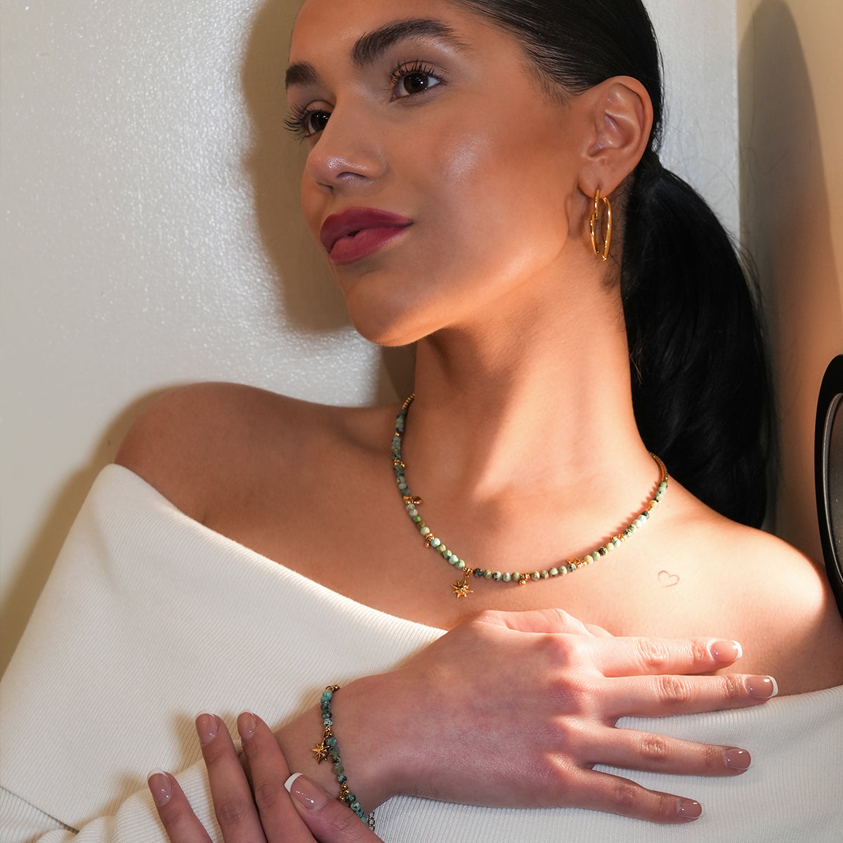 GITANJI: Blue Turquoise Stones with Gold Beads & Charms Chain Necklace