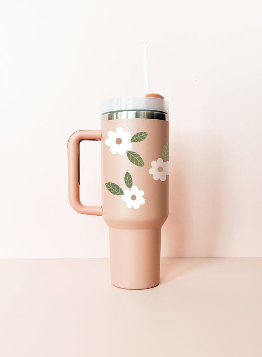 Gobelet isotherme 40oz - vieux-rose Fleurs maxi blanches