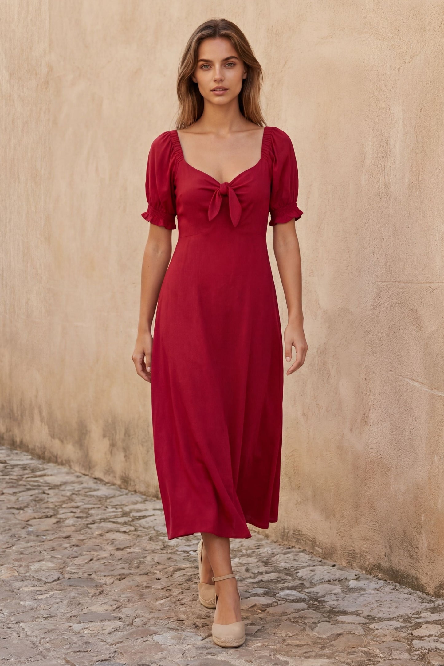 Genevieve Midi Dress Short Sleeves Front Tie