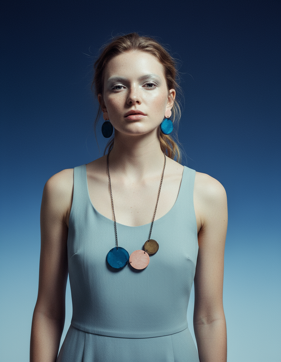 Three Circle Necklace in Denim Blue, Dusty Pink & Grey