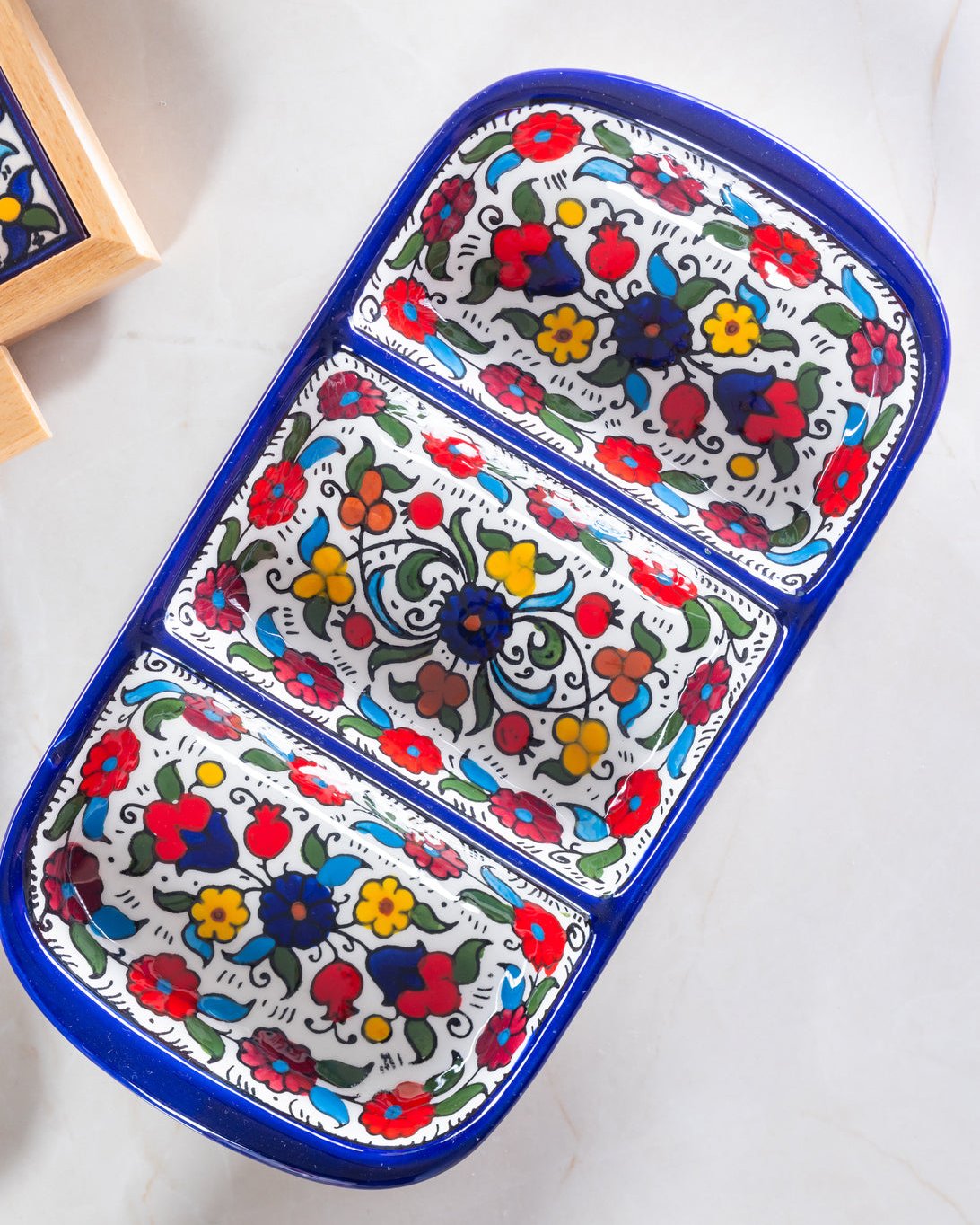 Triple Dip Platter – Hand-Painted Palestinian Ceramic