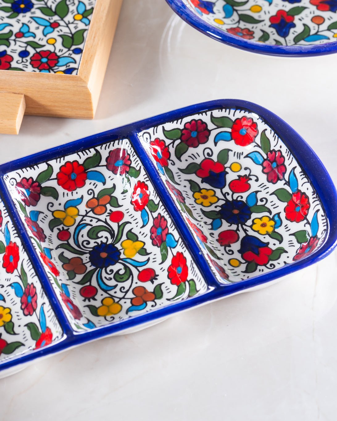 Triple Dip Platter – Hand-Painted Palestinian Ceramic