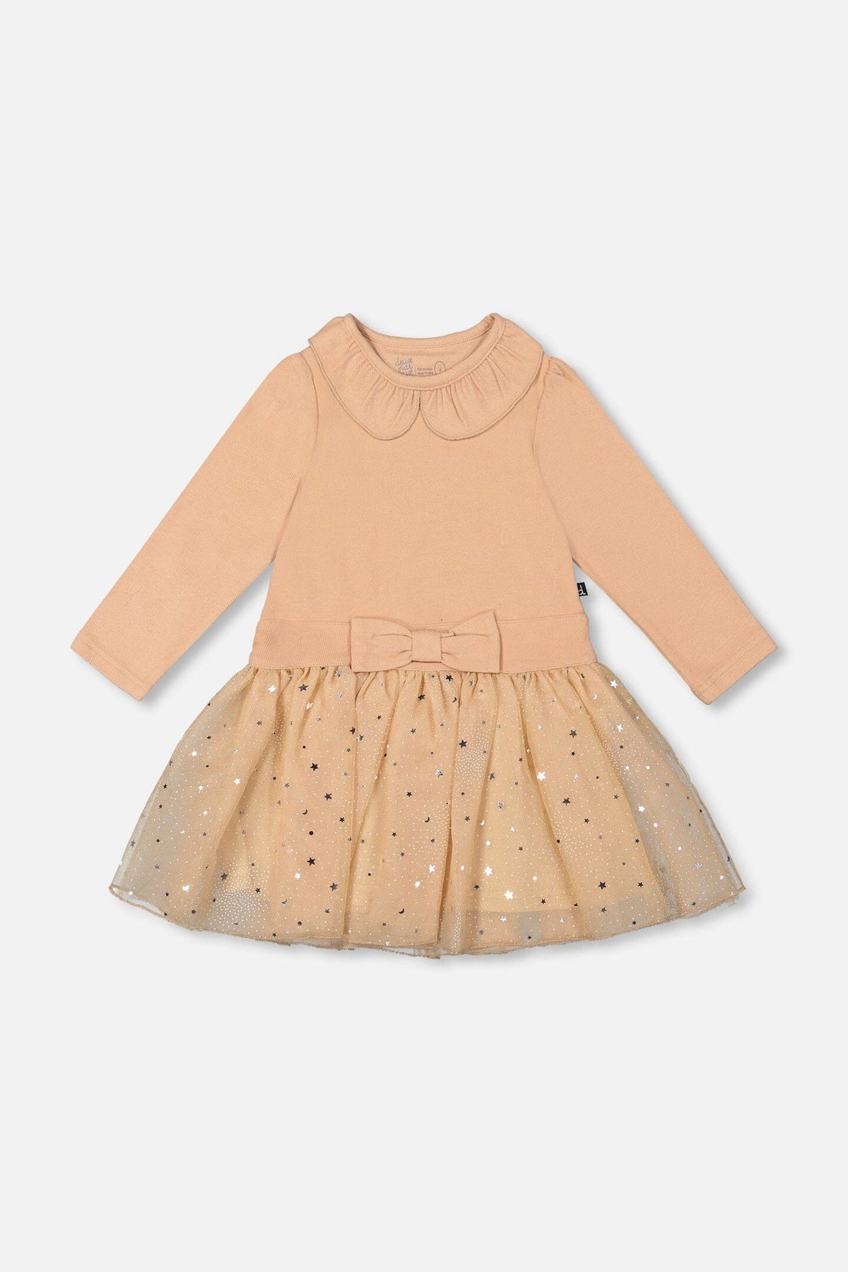 Bi-Material Dress With Glittering Skirt Beige