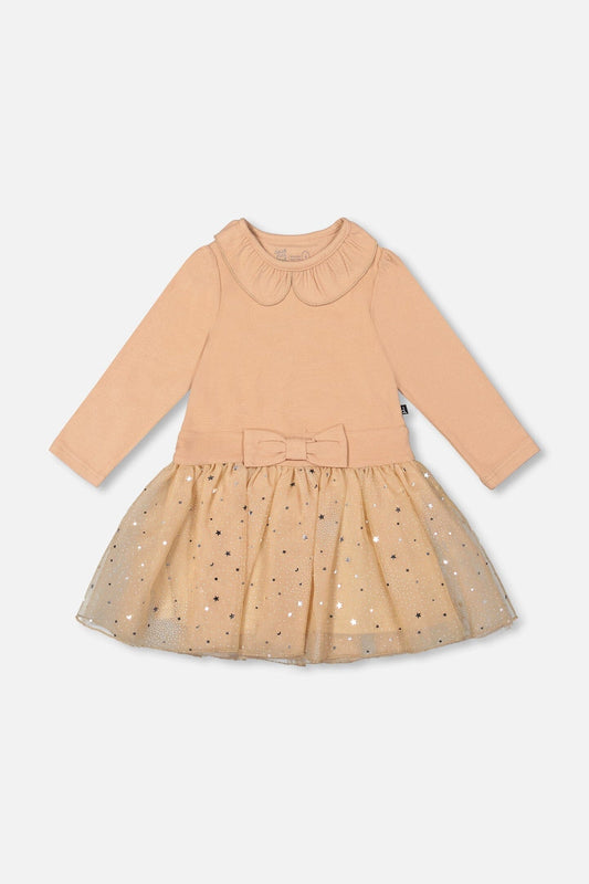 Bi-Material Dress With Glittering Skirt Beige