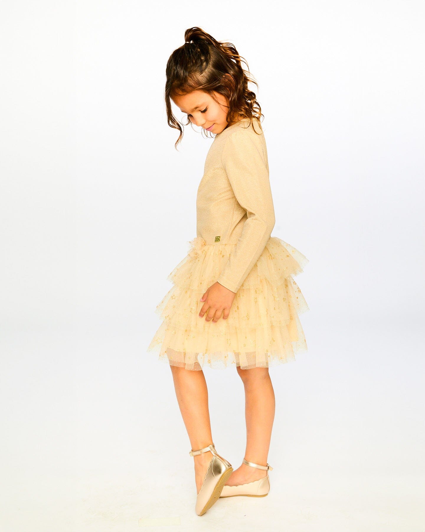 Glittering Mesh Skirt Party Dress Beige