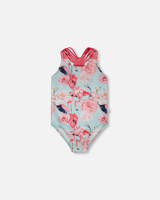 One-Piece Swimsuit Blue Flamingo Print