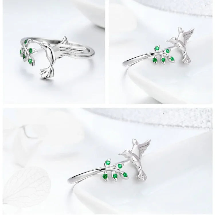 Sterling Silver Green Tree & Bird Open Ring
