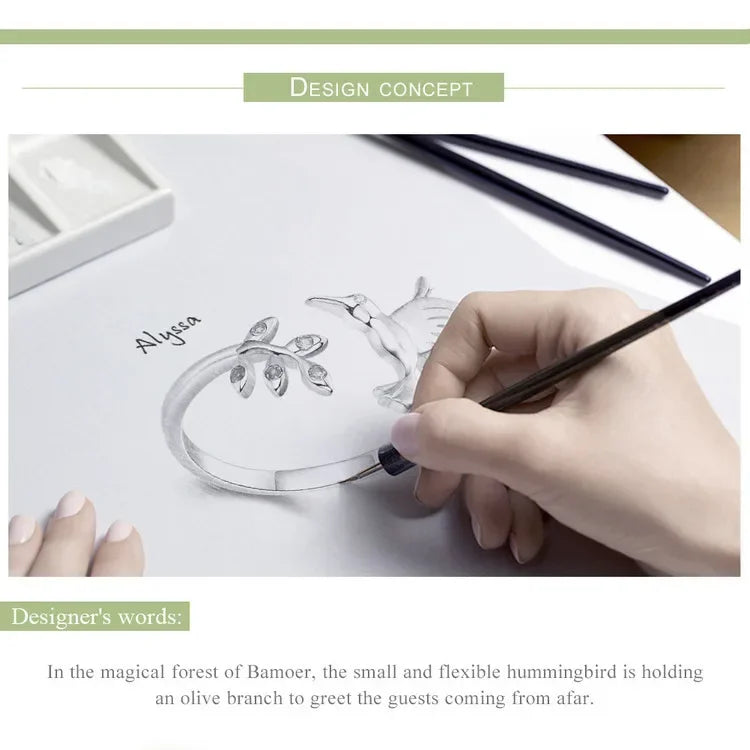 Sterling Silver Green Tree & Bird Open Ring