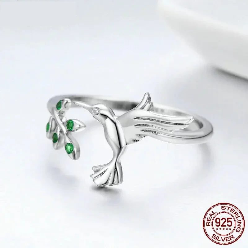 Sterling Silver Green Tree & Bird Open Ring