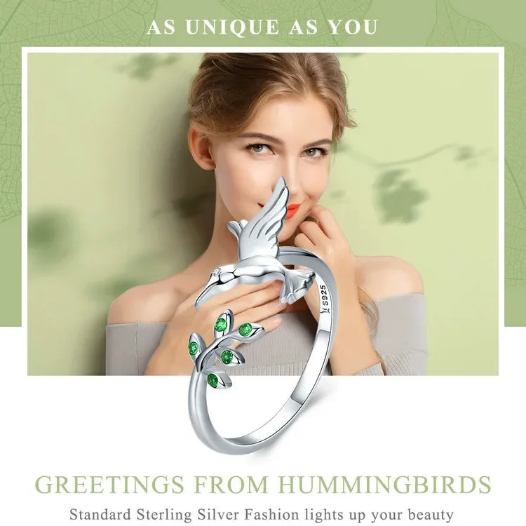 Sterling Silver Green Tree & Bird Open Ring