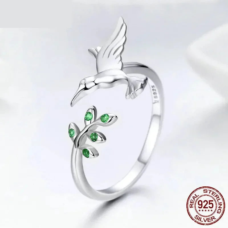 Sterling Silver Green Tree & Bird Open Ring