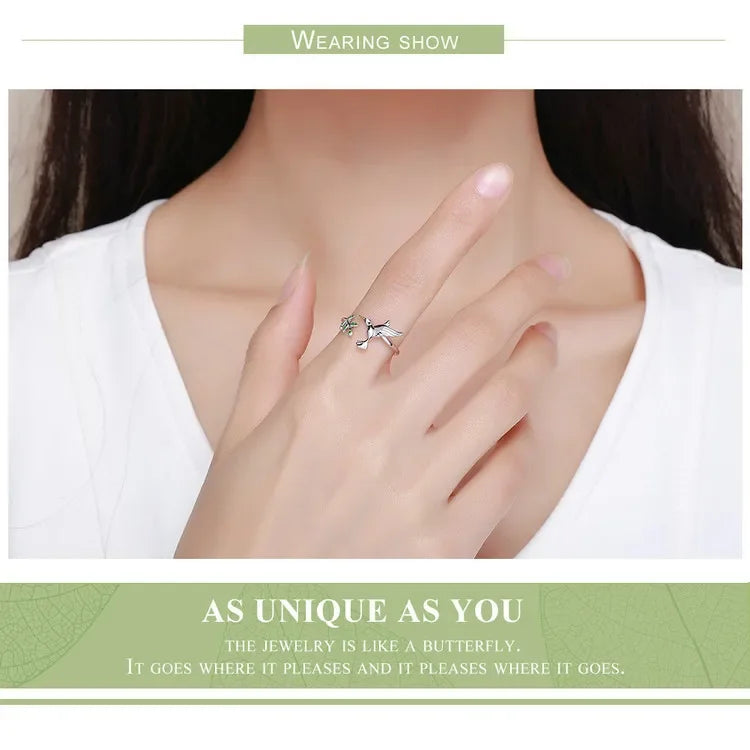 Sterling Silver Green Tree & Bird Open Ring