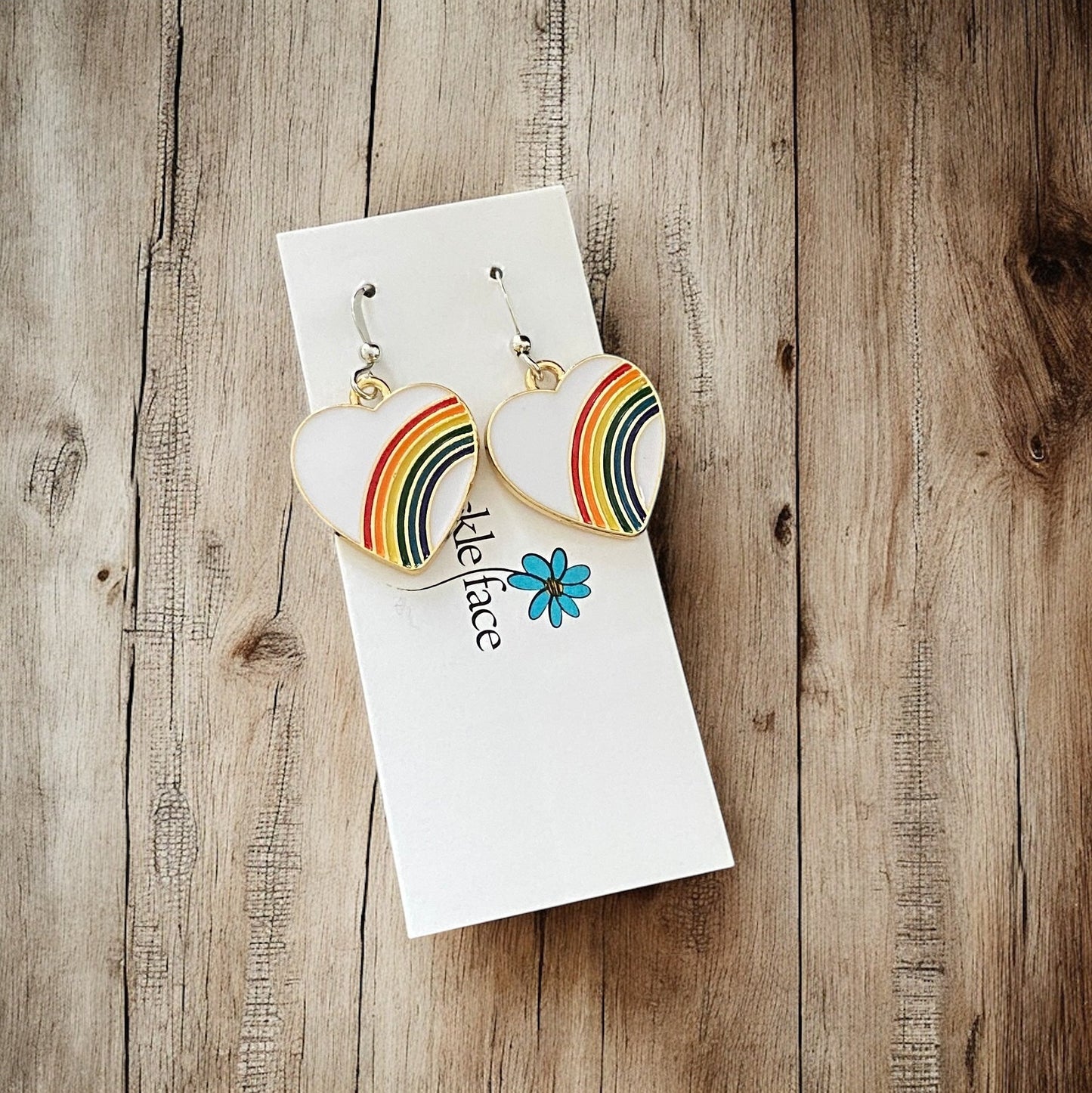 Rainbow Heart Hook Earrings – White Enamel & Multicolor Rainbow