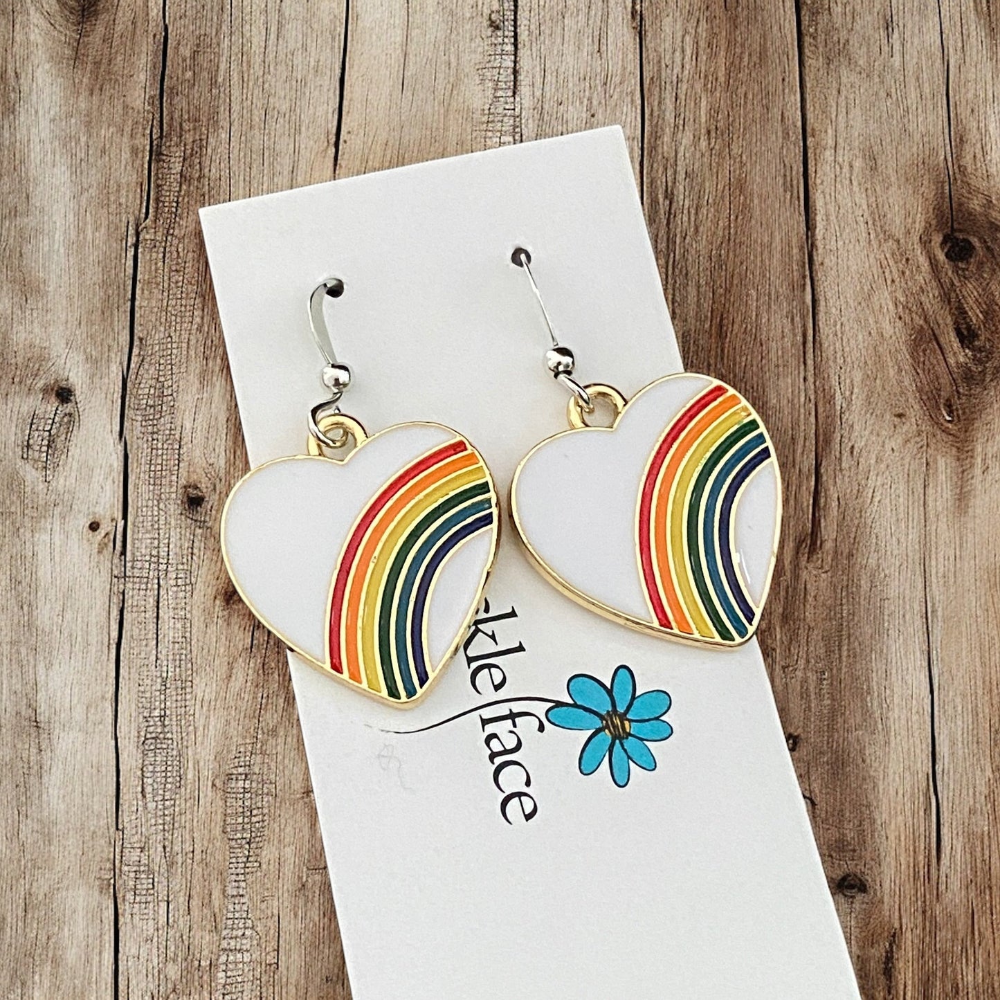 Rainbow Heart Hook Earrings – White Enamel & Multicolor Rainbow