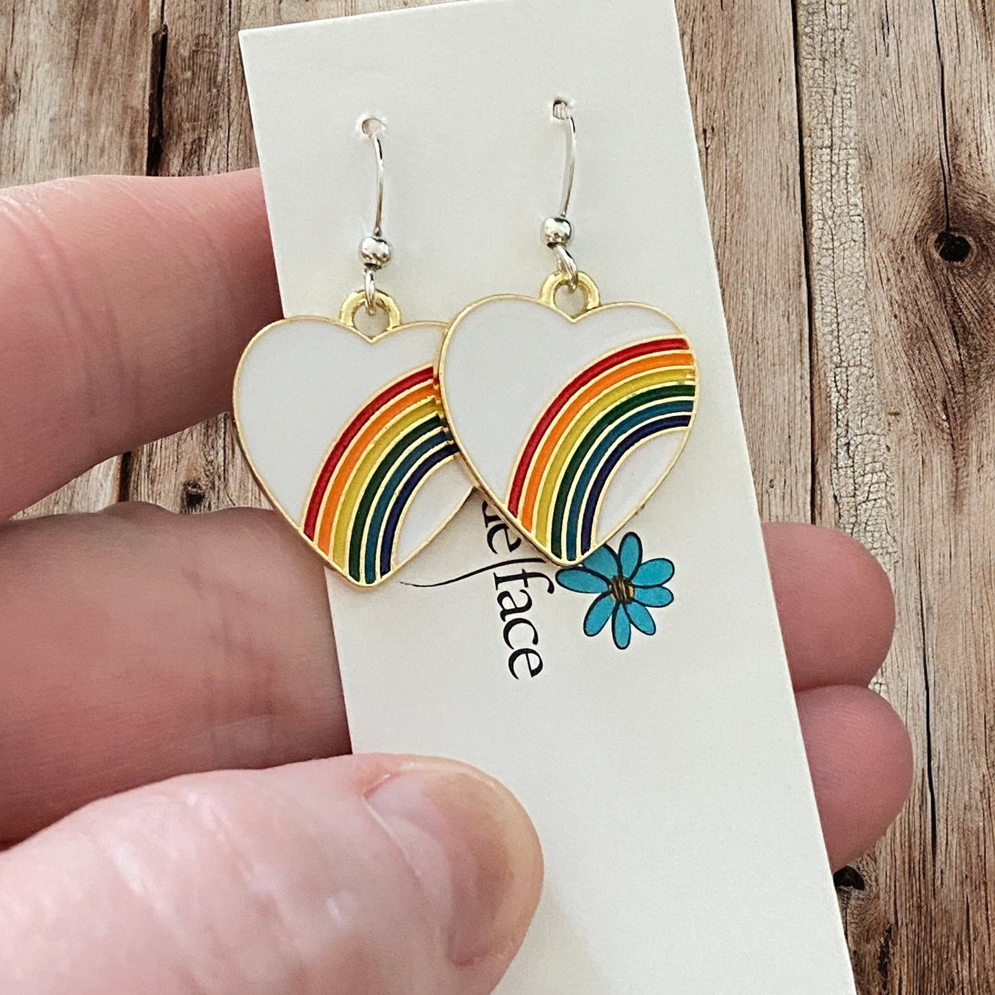 Rainbow Heart Hook Earrings – White Enamel & Multicolor Rainbow