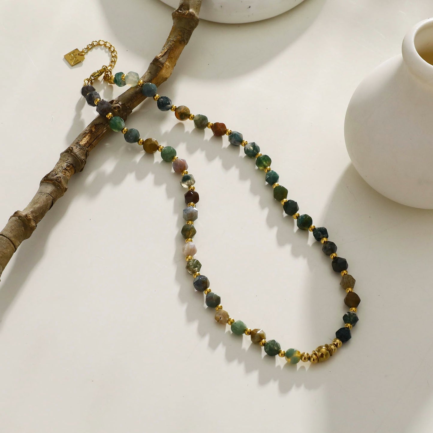 JULIETTA: Indian Agate Stones & Gold Beaded Necklace
