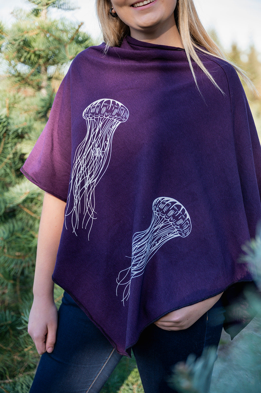 Eggplant Poncho with Jellyfish Print