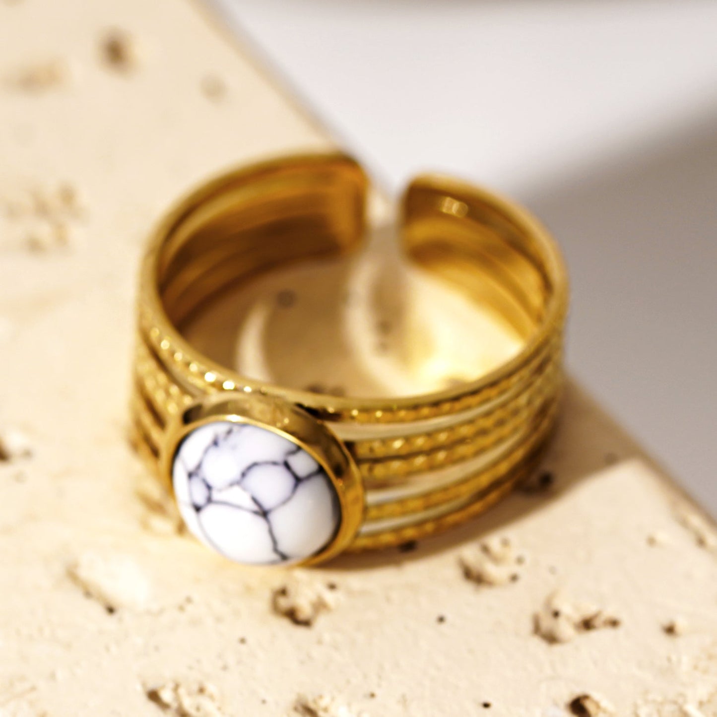 Multi Band Textured Ring with White Turquoise Stone