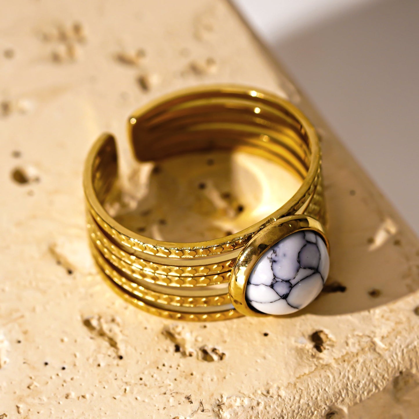 Multi Band Textured Ring with White Turquoise Stone