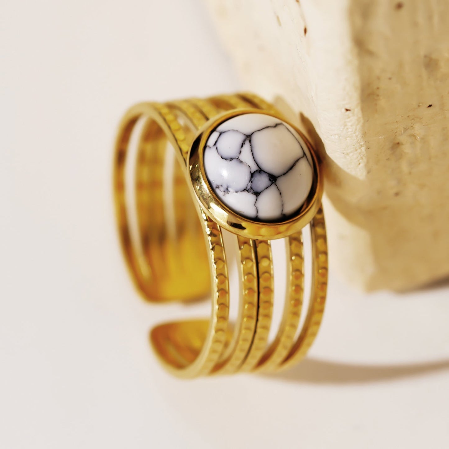Multi Band Textured Ring with White Turquoise Stone