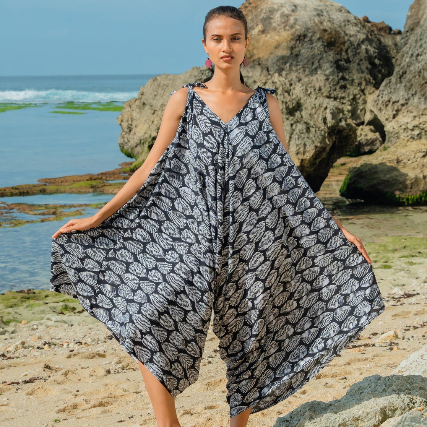 Leaf Print Romper - Black & White