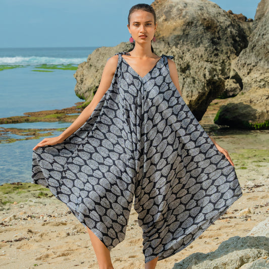 Leaf Print Romper - Black & White