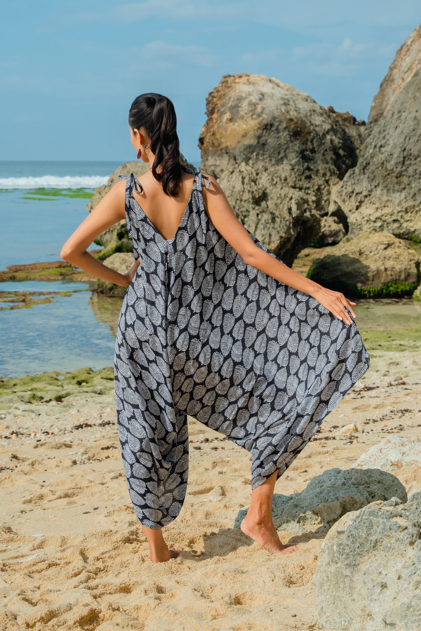 Leaf Print Romper - Black & White