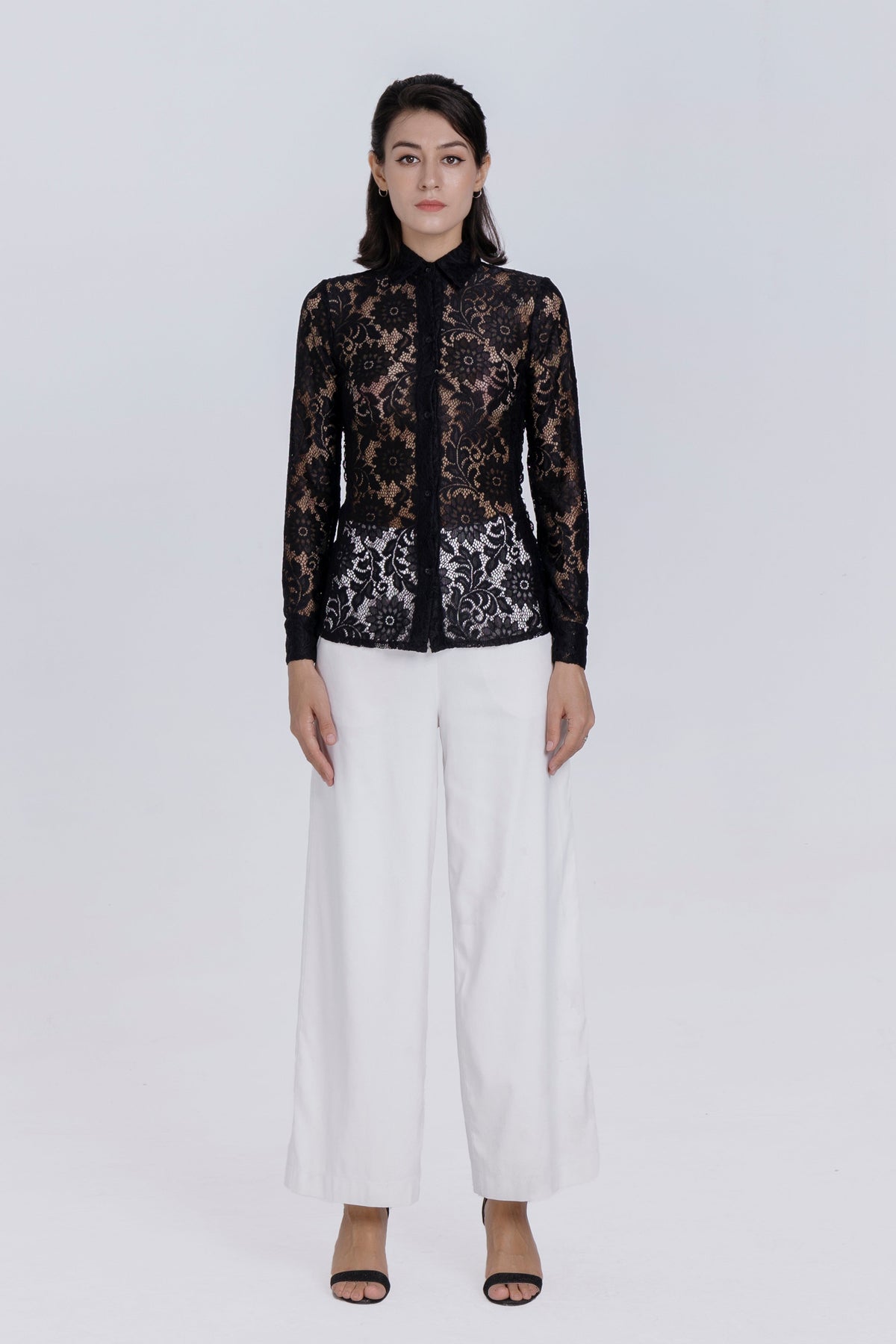 Celeste Black Floral Lace Button-Up Blouse