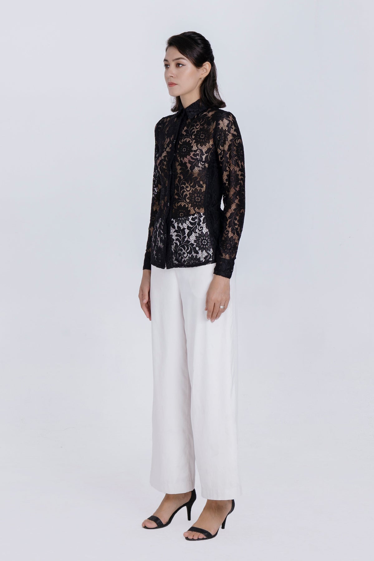 Celeste Black Floral Lace Button-Up Blouse