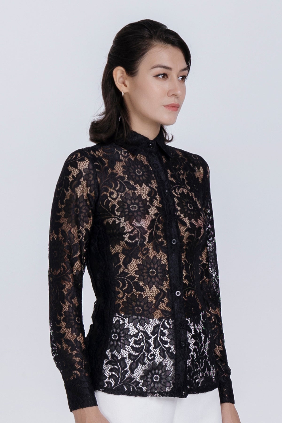 Celeste Black Floral Lace Button-Up Blouse