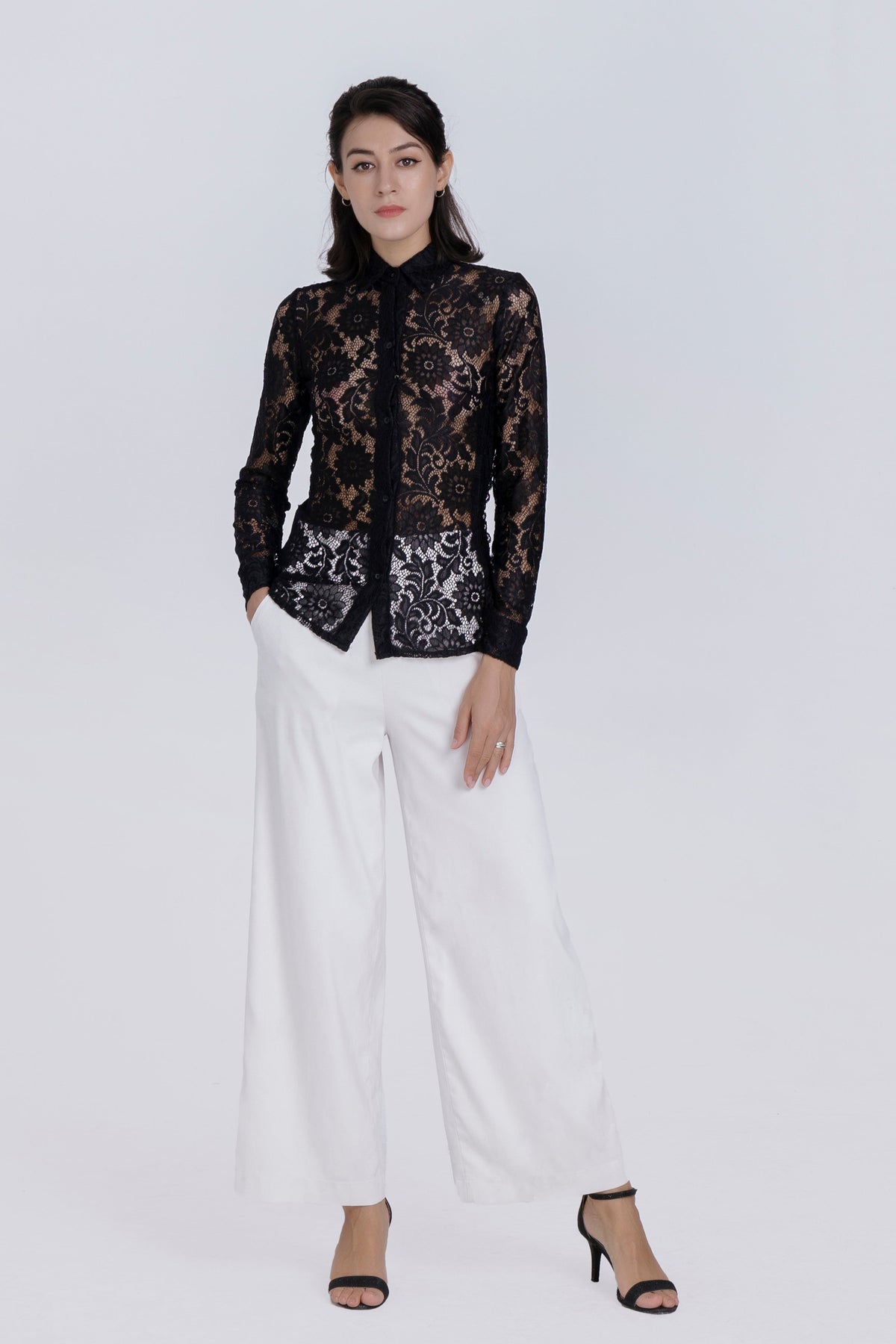Celeste Black Floral Lace Button-Up Blouse