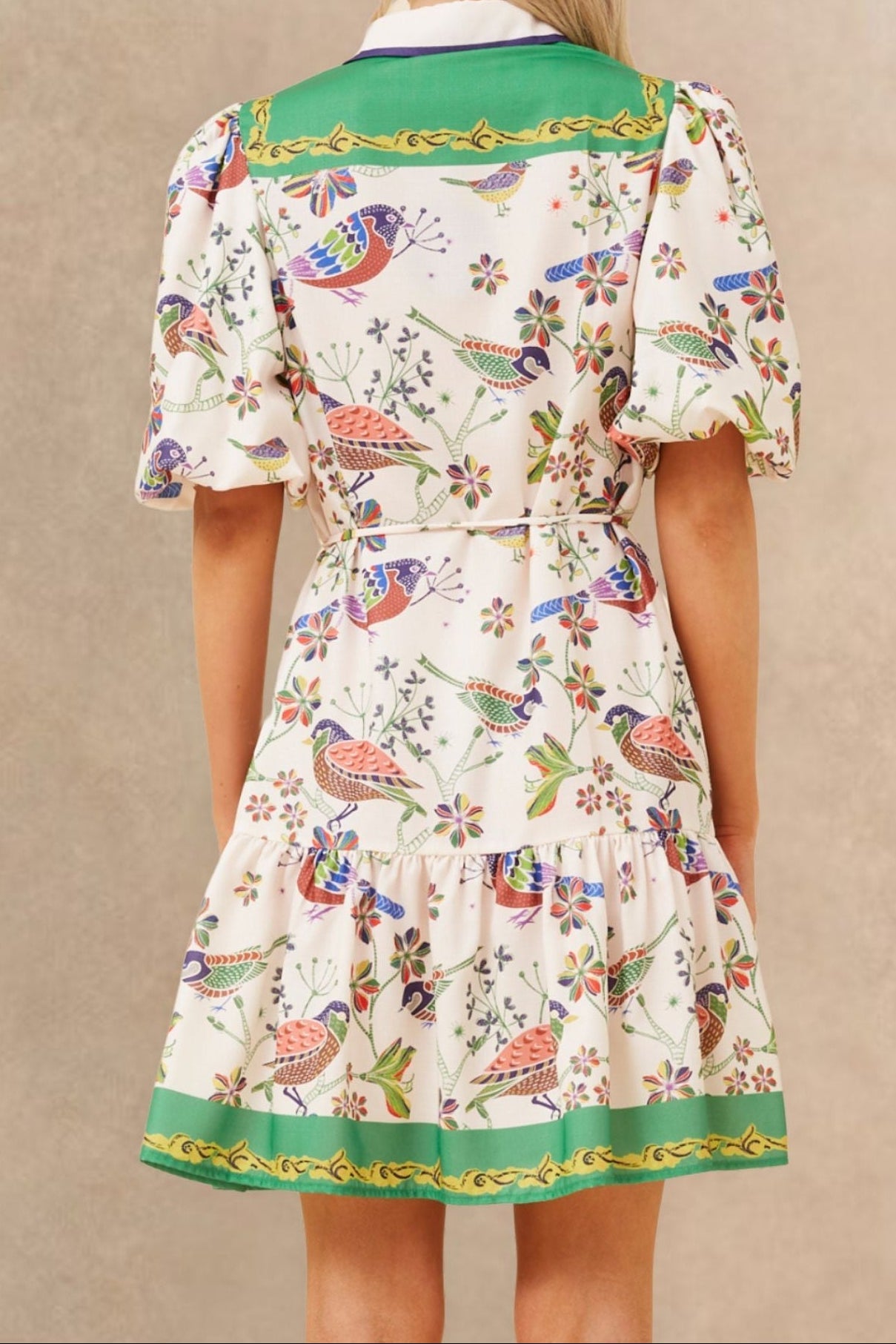 Leontine Boho Bird Print Dress Bell Sleeves Belt