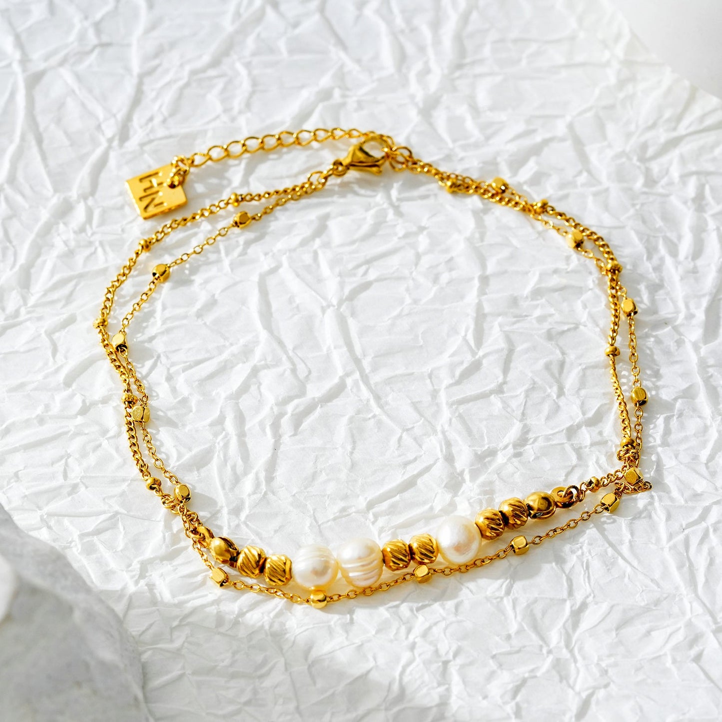 Gilded Harmony Chain Anklet with Gold Beads and Freshwater Pearls