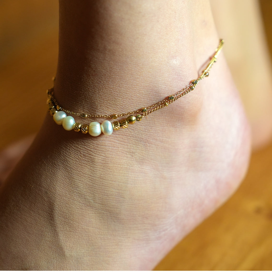 Gilded Harmony Chain Anklet with Gold Beads and Freshwater Pearls