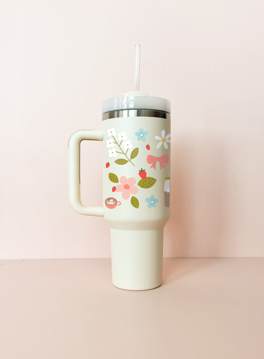 Gobelet isotherme 40oz - crème Fleurs & café