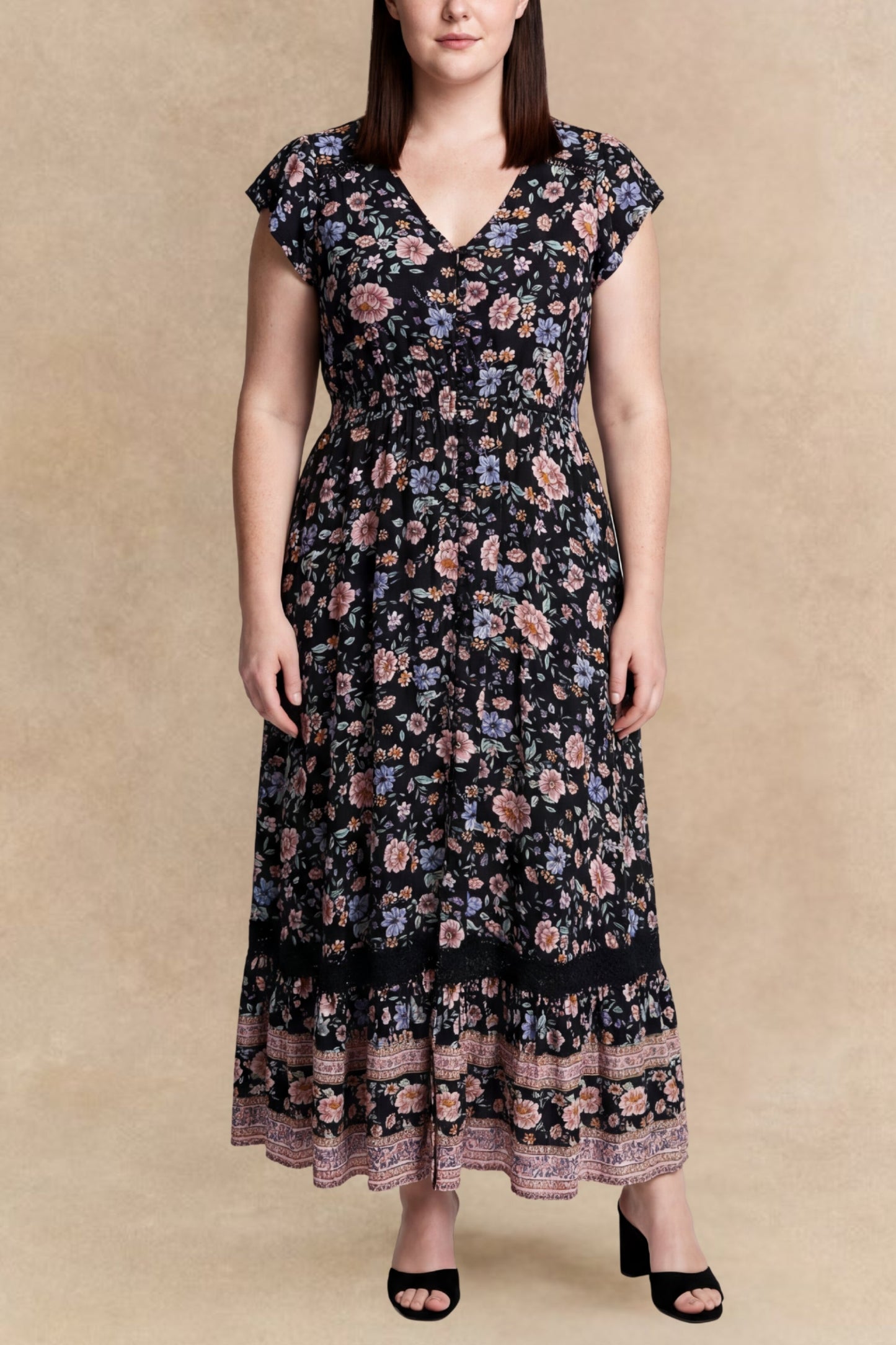 Michelle Floral Maxi Dess V-Neck Cap Sleeves