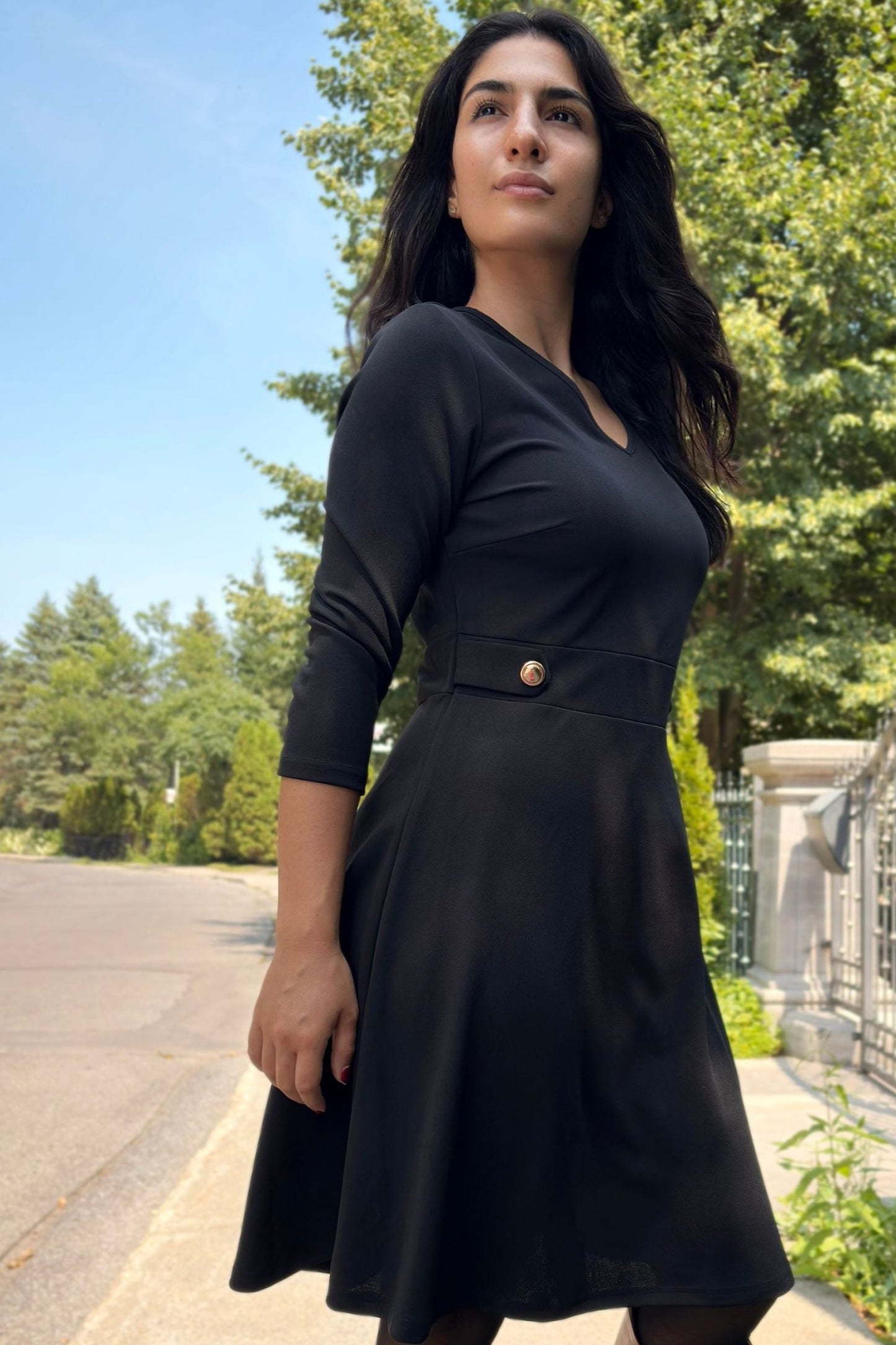 Nathalie A-Line Dress with Gold Button Detail