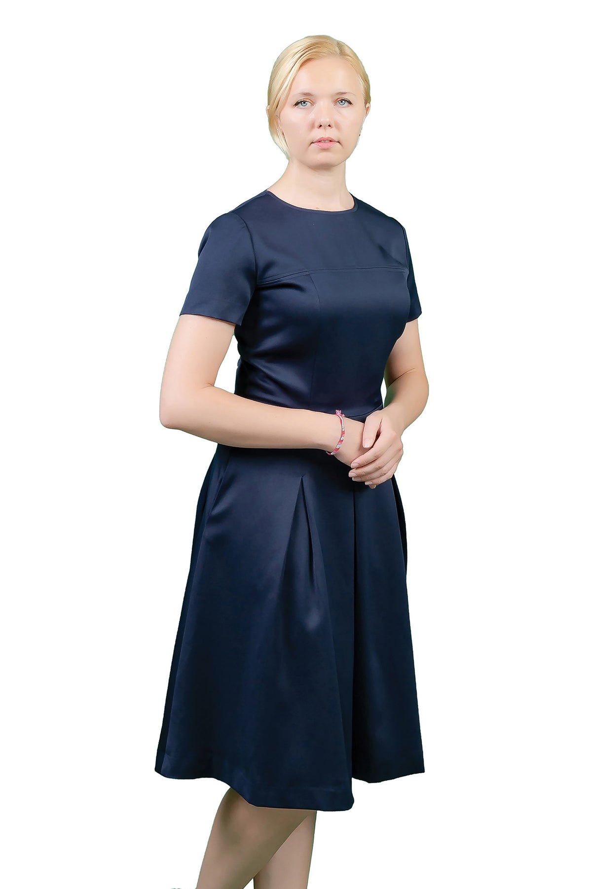 Elara Navy Pleated Fit-and-Flare Office Dress