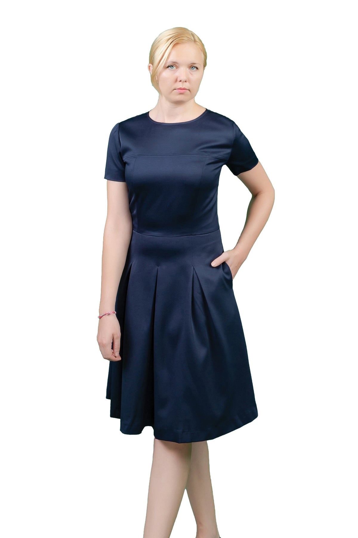 Elara Navy Pleated Fit-and-Flare Office Dress