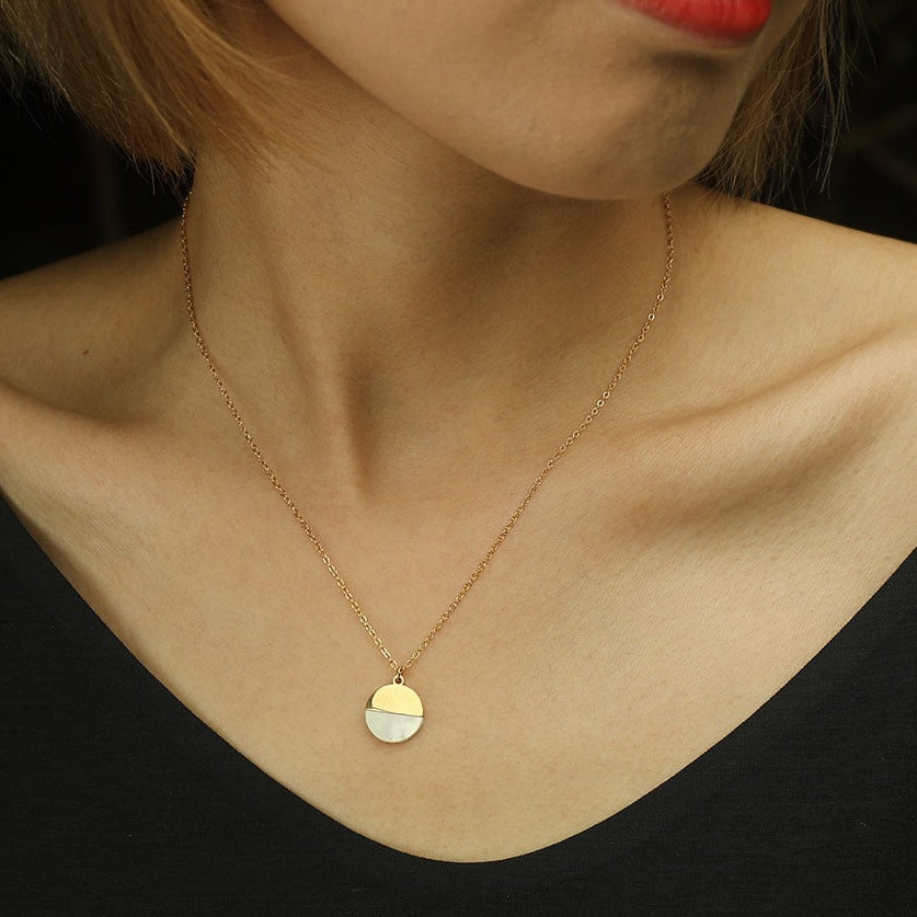 Minimalist Metal & Shell Circle Pendant Necklace